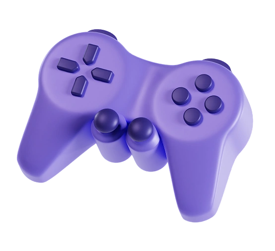Een paarse gamecontroller, weergegeven in 3D, zweeft tegen een achtergrond met een pastelroze en -blauw kleurverloop, wat een moderne en speelse sfeer uitstraalt