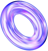 Een glanzende, iriserende paars-blauwe torus op een zwarte achtergrond, met vloeiende, wervelende patronen, die een futuristische en dynamische sfeer creëren