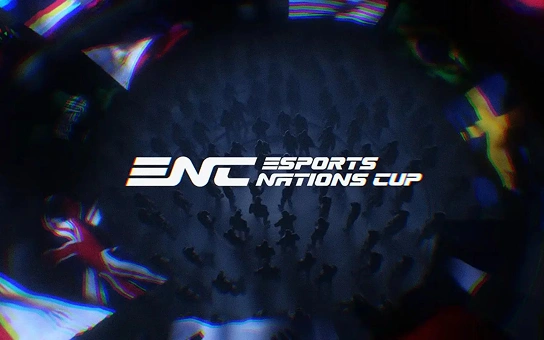 Promotieafbeelding van de Esports Nations Cup met een wazige achtergrond waarop vage figuren te zien zijn. Aan de randen zijn vlaggen gedeeltelijk zichtbaar, wat een dynamische en competitieve sfeer creëert. Het logo ‘ENC’ is prominent in het midden geplaatst en straalt spanning en internationale deelname uit
